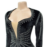 Sleek Solid Color Sexy Rhinestone Long Sleeve Maxi Dress