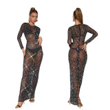 Solid Color Mesh Rhinestone Long Sleeve Maxi Dress
