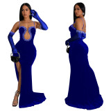 Luxurious Solid Color Velvet Strapless Rhinestone Maxi Dress