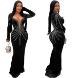 Sleek Solid Color Sexy Rhinestone Long Sleeve Maxi Dress