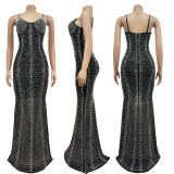 Elegant Solid Color Mesh Rhinestone Strap Maxi Dress