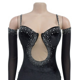 Luxurious Solid Color Velvet Strapless Rhinestone Maxi Dress