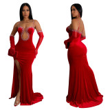 Luxurious Solid Color Velvet Strapless Rhinestone Maxi Dress