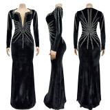 Sleek Solid Color Sexy Rhinestone Long Sleeve Maxi Dress