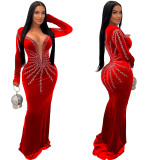 Sleek Solid Color Sexy Rhinestone Long Sleeve Maxi Dress