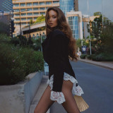 Chic Deep V Lace Trim Color Block Long Sleeve Bodysuit for Women