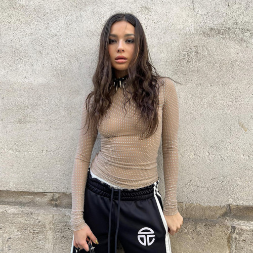 Sparkling Long Sleeve Rhinestone Round Neck Top