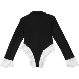 Chic Deep V Lace Trim Color Block Long Sleeve Bodysuit for Women