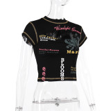 Round Neck Letter Print Sexy Hollow-Out Short Sleeve T-Shirt