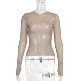 Sparkling Long Sleeve Rhinestone Round Neck Top