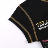 Round Neck Letter Print Sexy Hollow-Out Short Sleeve T-Shirt