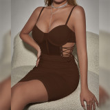 Lace-Up Hollow Cross-Back Steel Boned Bodycon Dress with Ruffled Hem