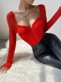 Minimalist Sexy Deep V Sheer Underwire Ruffled Mesh Long Sleeve Bodysuit