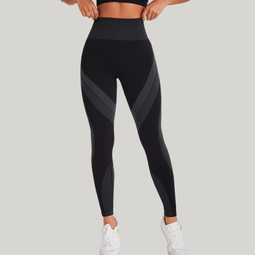 High-Waisted Color-Block Black Striped Sports Leggings for a Sculpted Look