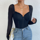 Minimalist Sexy Deep V Sheer Underwire Ruffled Mesh Long Sleeve Bodysuit