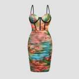 Floral Mesh Boned Bodycon Ruched Cami Dress
