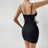 Lace-Up Hollow Cross-Back Steel Boned Bodycon Dress with Ruffled Hem