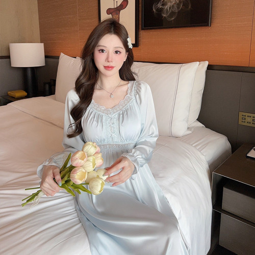 Long Sleeve Satin Nightgown with Lace Collar