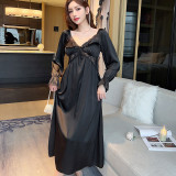 Lace Trim V-Neck Long Dress with Bow Tie