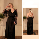 Satin Long Sleeve Sleepwear Set with Built-in Chest Padding