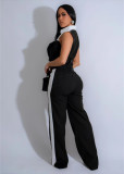 Color-Block Pocket Casual Two-Piece Set Sleeveless Shirt & Pants