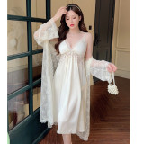 Butterfly Lace Long Satin Chiffon Loungewear Set with Built-in Cups - Sexy V-Neck Sleepwear
