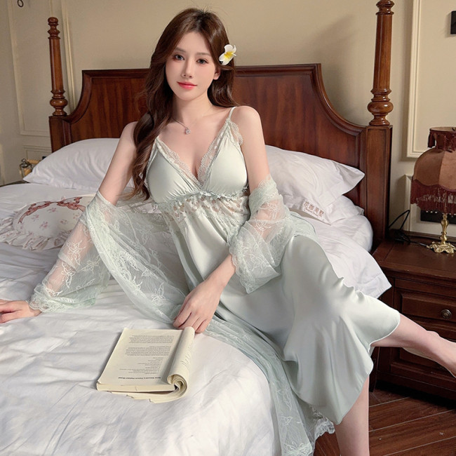 Butterfly Lace Long Satin Chiffon Loungewear Set with Built-in Cups - Sexy V-Neck Sleepwear