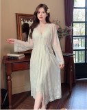 Butterfly Lace Long Satin Chiffon Loungewear Set with Built-in Cups - Sexy V-Neck Sleepwear