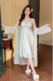 Butterfly Lace Long Satin Chiffon Loungewear Set with Built-in Cups - Sexy V-Neck Sleepwear