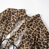Fitted Long Sleeve Leopard Print Sheer Jumpsuit