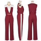 Color-Block Pocket Casual Two-Piece Set Sleeveless Shirt & Pants