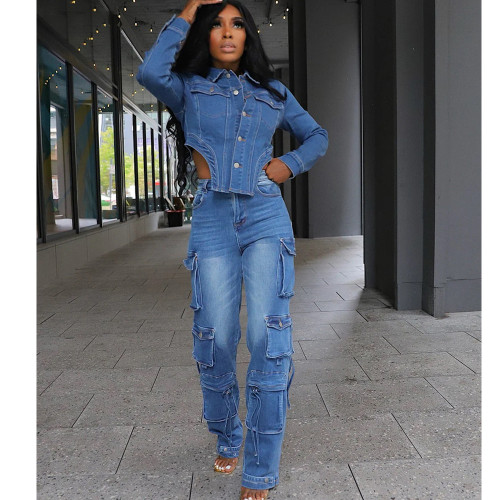 Women Spring Pocket Stretchy Denim 2-Piece Set