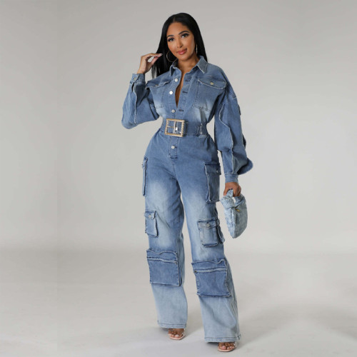 Women Cargo wide leg denim jumpsuit