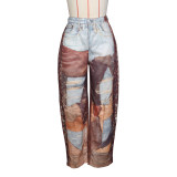 Printed Cowboy Chain Leather Wide-Leg Curved Blade Pants for Women