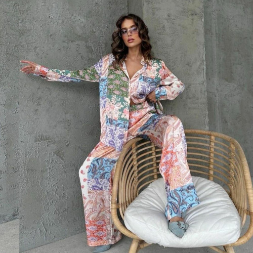 Bohemian Floral Print Long Sleeve Shirt & Trousers Set for Women