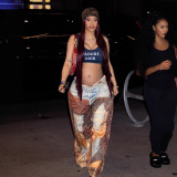 Printed Cowboy Chain Leather Wide-Leg Curved Blade Pants for Women