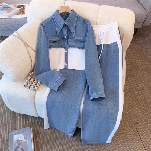 Chic Long Sleeve Top & Wide-Leg Pants Denim Patchwork Casual Set