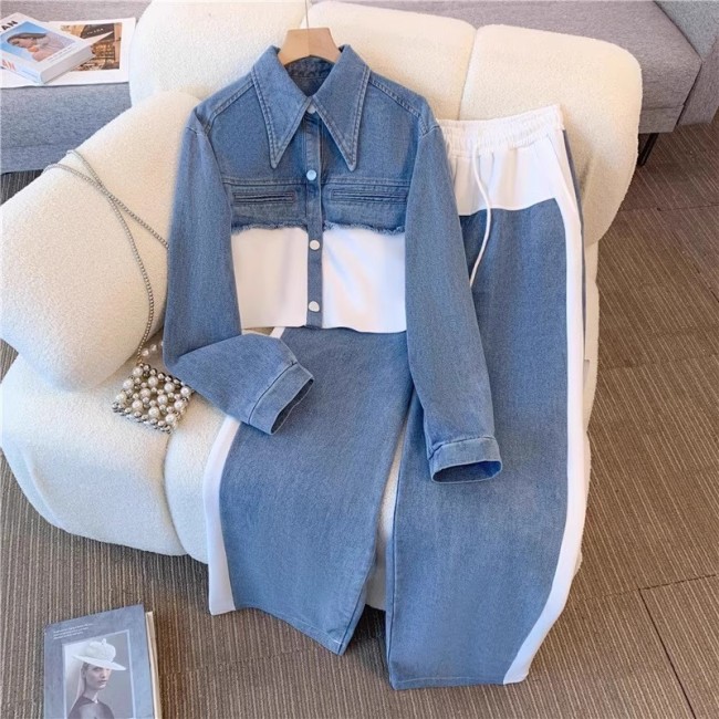 Chic Long Sleeve Top & Wide-Leg Pants Denim Patchwork Casual Set