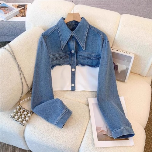 Chic Long Sleeve Top & Wide-Leg Pants Denim Patchwork Casual Set
