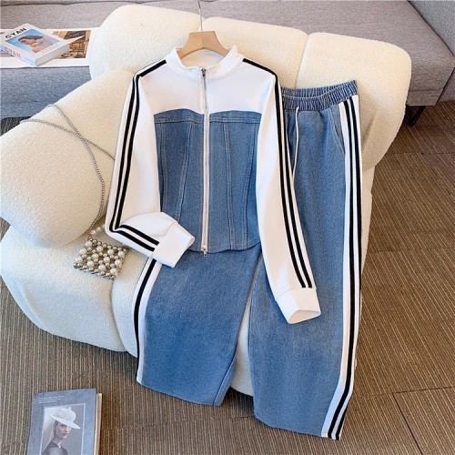 Denim Patchwork Long Sleeve Top & Wide Leg Trousers Set