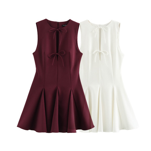 Classic Wave Hem Bow Tie Short Dress