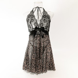 Lace Trim Leopard Mesh Nightgown & G-String Set with Bow Tie