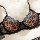 Lace Trim Leopard Print Underwire Bra Set