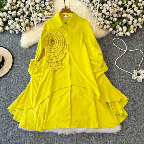 Asymmetrical Batwing Sleeve Dress with 3D Floral Design