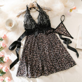 Lace Trim Leopard Mesh Nightgown & G-String Set with Bow Tie