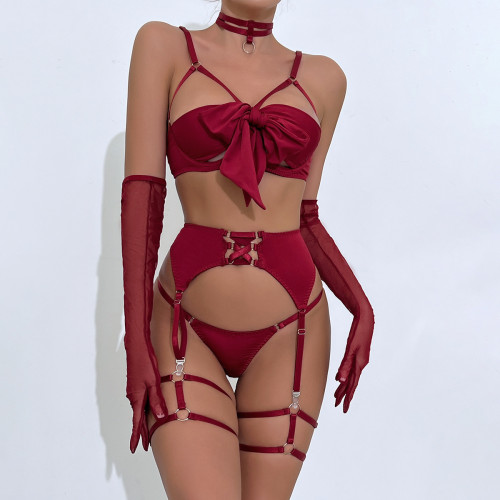 Bow Tie Underwire Bra Set with Gloves