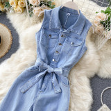 Button-Up Tie-Waist Slimming Denim Jumpsuit