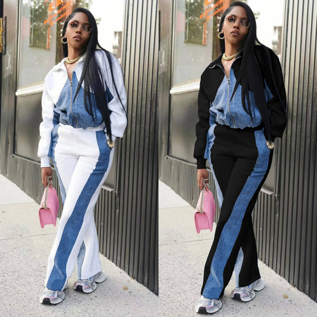 Women Fall/Winter Denim Patchwork Jacket Trousers Two Piece Set