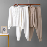 Trendy Letter Embossed Knit Hoodie & Drawstring Jogger Set