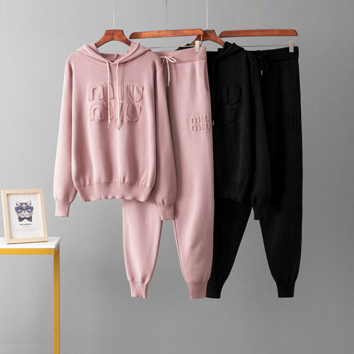Trendy Letter Embossed Knit Hoodie & Drawstring Jogger Set